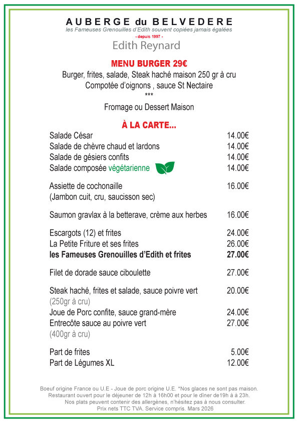Menu Burger 29€ et À la Carte
