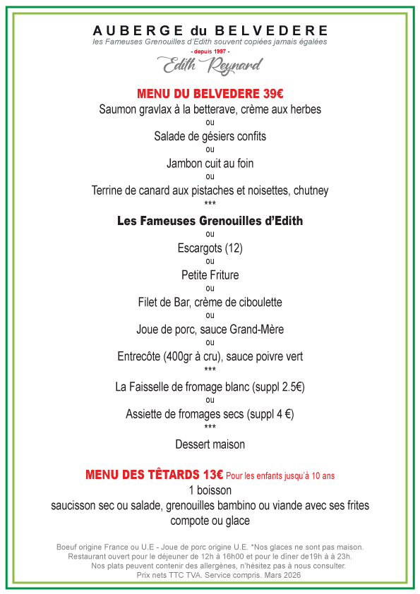 Menu du Belvédère - 39€