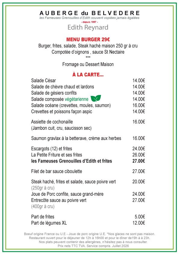 Menu Burger 29€ et À la Carte