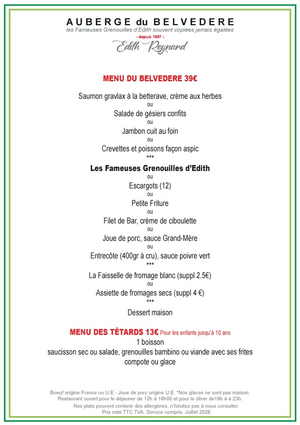 Menu du Belvédère - 39€