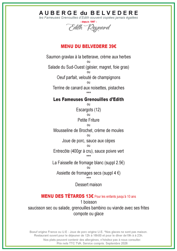 Menu du Belvédère - 39€