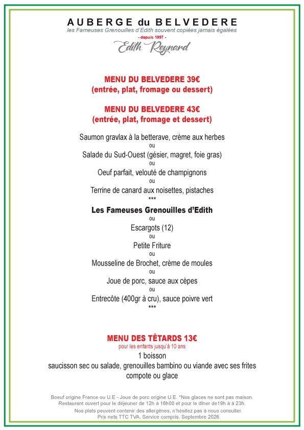 Menu du Belvédère - 39€